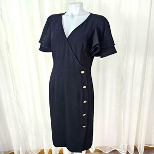 Vintage Neiman Marcus black faux wrap dress rhinestone button ruffle sleeves 10